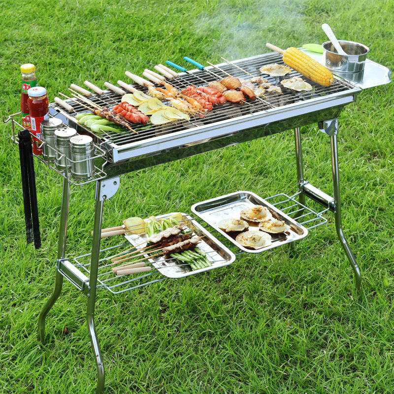 Outdoor Camping Large Capacity Stainless Steel Portable Foldable BBQ Barbecue Charcoal Grills For 8-10 People Use
